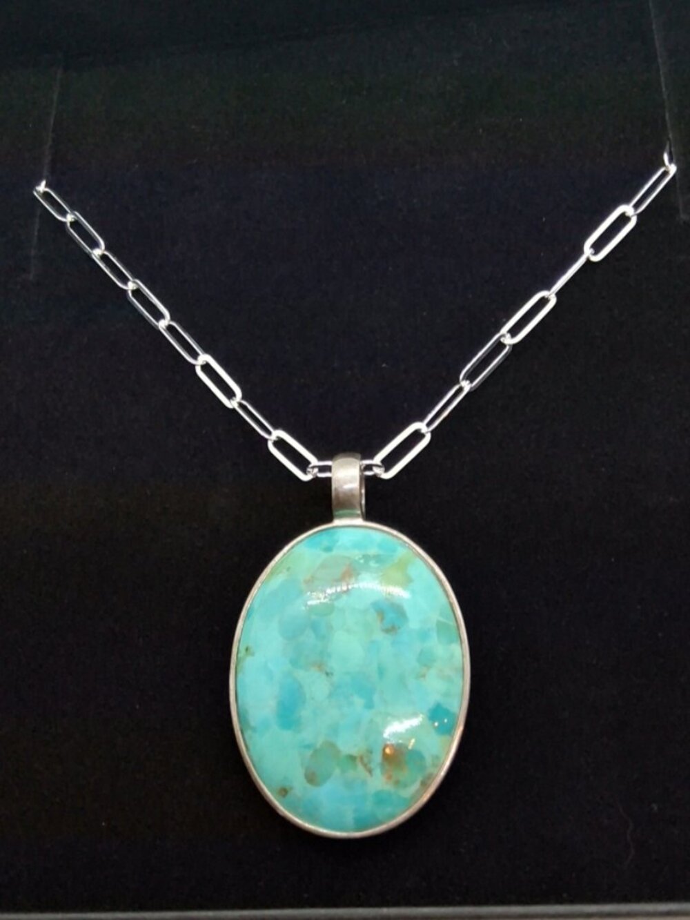 Barse Signed Oval Turquoise Sterling Silver Pendant W/Italy Link Chain Necklace